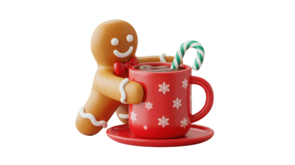 Cute 3d rendered gingerbread man character hugging a festive red mug filled with hot chocolate and candy canes isolated on transparent background