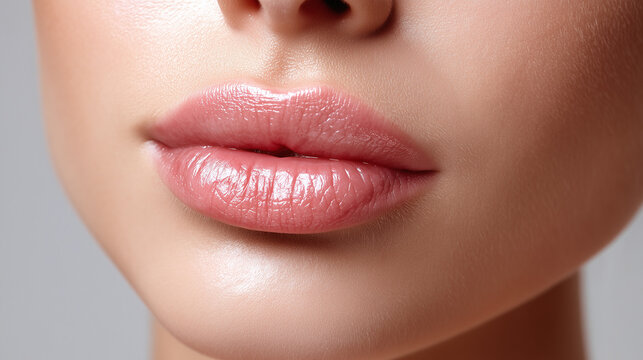 Closeup of smooth upper lip and philtrum area with natural pink color, healthy skin texture, and soft lighting, conveying sense of beauty and freshness