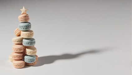 Festive Christmas tree made from stacked colorful pastel macarons with a star on top.