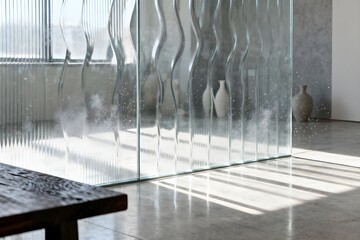 Sunlit wavy glass partition creating abstract patterns and shadows in a modern interior.