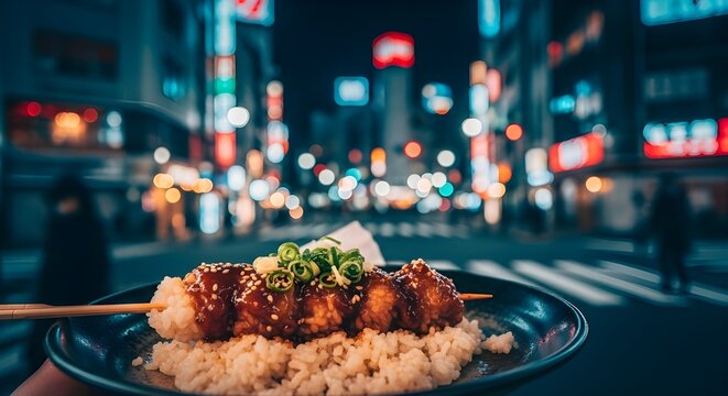 Delicious Japanese yakitori with rice on bustling city street at night, enjoy authentic street food in vibrant Tokyo, savory gourmet experience