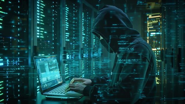 Hacker in a hood using a laptop to break into a server room with digital code and data streams in a cyber security breach