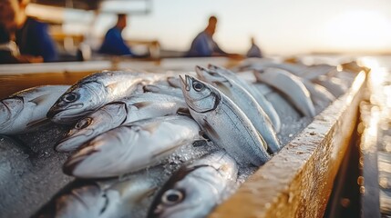 Freshly caught silver fish glistening on ice in wooden crate at sunrise offers a glimpse into the daily life of fishermen and seafood industry, perfect for food blogs and culinary adventures