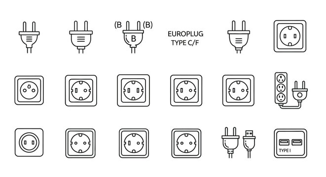 Hand-drawn doodle icon set of Europlug Type C and F electrical power plugs and wall sockets.