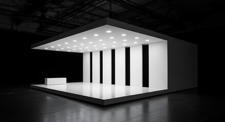 Minimalist Exhibition Stand Design with Bright Lighting and Clean Lines.