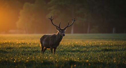 Deer in Golden Meadow During Sunset