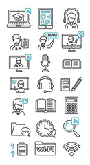 Clean Line Art Icons Set for Online Education, E-Learning, Digital Study, Remote Learning, and Virtual Classroom Concepts.