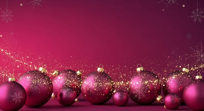 Festive christmas ornaments with bokeh lights and snowflakes on red background