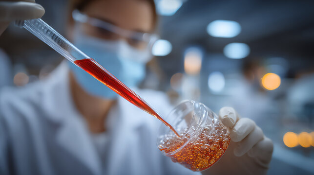 A scientist conducts detailed research with a pipette, transferring red liquid to a petri dish in a modern laboratory setting.