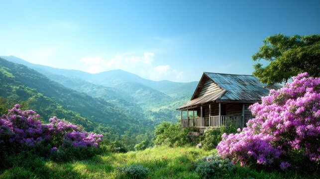 A rustic wooden cabin nestled in a lush, green mountain landscape with vibrant purple flowers in the foreground.