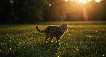 Cat Walking in Grassy Field at Sunset