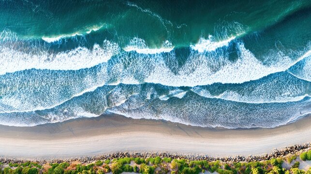 Aerial view of a beach with waves crashing onto the shore.