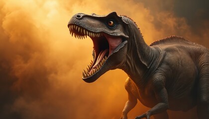 Fototapeta premium Ekrixinatosaurus dinosaur roars against smoke backdrop. Giant reptile displays teeth in prehistoric scene. Predator large, ancient, dangerous on jurassic background. Paleontology concept, extinct