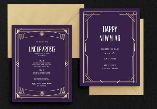 NYE New Years Eve Invitation Invite Flyer Poster Template with Retro Vintage Art Deco Frame in Luxury Purple & Gold