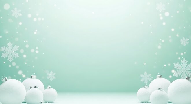 Soft mint green christmas background with snowflakes and ornaments