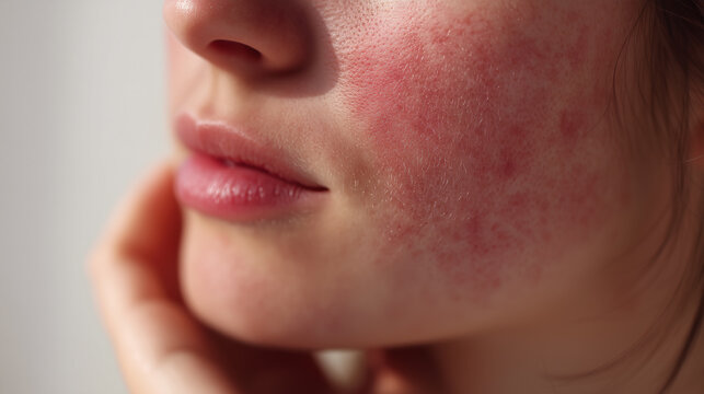 Close up of irritated sensitive skin with visible redness, dry texture, and inflamed cheek, showing discomfort and possible skin condition on young woman