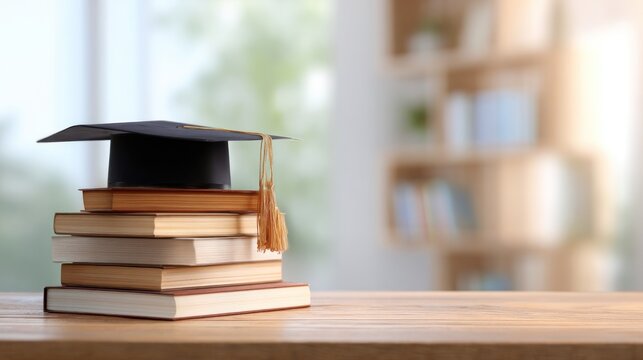 A graduation cap and books on a wooden table. - Powered by Adobe