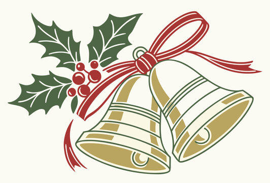 Christmas bells decorated with holly leaves and red ribbon