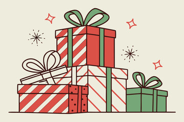 Festive gift boxes stack with ribbons and bows, holiday greetings illustration