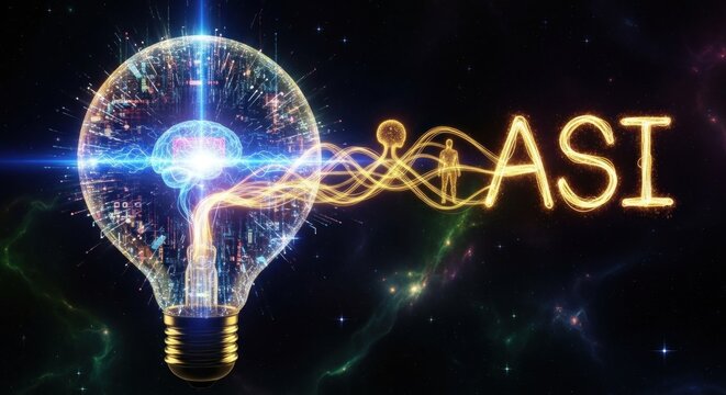 A glowing light bulb with the letters 'ASI' inside, emitting a trail of light and energy, set against a cosmic background with stars and nebulae.
