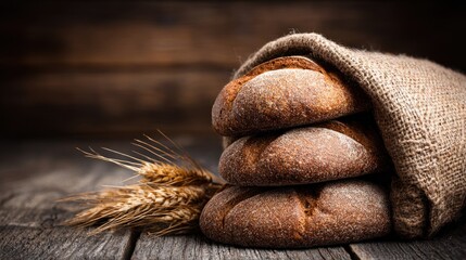 A rustic bread loaf in a burlap sack on a wooden table with a wheat stalk.