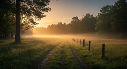 Dirt Road Through Misty Meadow at Sunrise