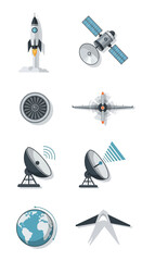 Naklejka premium Illustrated collection of aerospace technology icons - launching rocket, satellite, jet engine, airplane, and communication dishes.