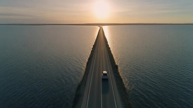Car Driving on a Straight Road Through a Vast Lake at Sunset path