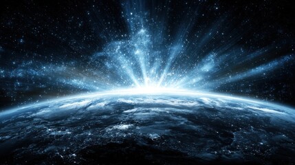 A vibrant blue and white space scene with a glowing star at the center, surrounded by stars and cosmic dust, evoking a sense of wonder and awe.