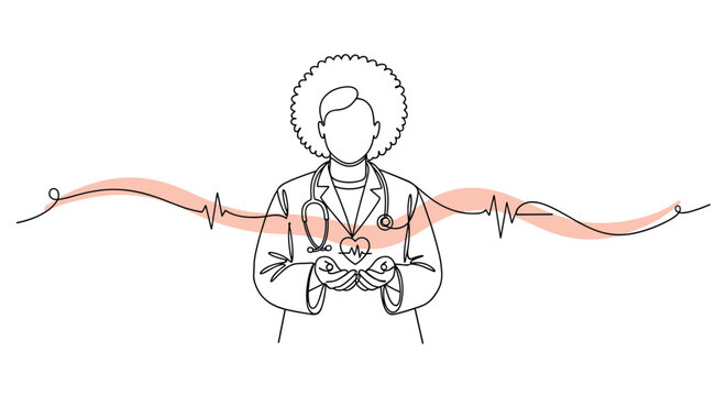 Doctor holding a heart symbol with a heartbeat line flowing around.