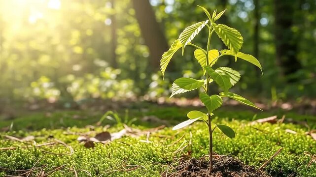 A vibrant young sapling emerges from rich, dark soil, surrounded by a carpet of lush green moss and scattered forest debris. Golden sunlight filters softly through the blurry canopy of trees in the ba