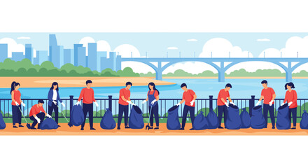 People cleaning a river bank with trash bags and a city skyline in the background.
