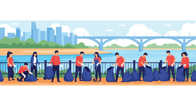 People cleaning a river bank with trash bags and a city skyline in the background.