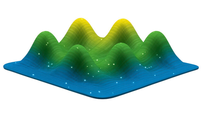 3D surface plot with glowing points, colorful gradient from blue to yellow, mathematical visualization, abstract data representation, modern digital style