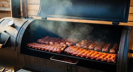 Smoked Ribs Cooking in a Large Outdoor Barbecue Smoker.