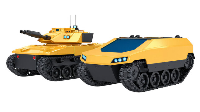 Yellow armored vehicle, modern tank, and unmanned ground vehicle with blue windows and headlights, isolated on transparency background, showcasing military technology and futuristic design