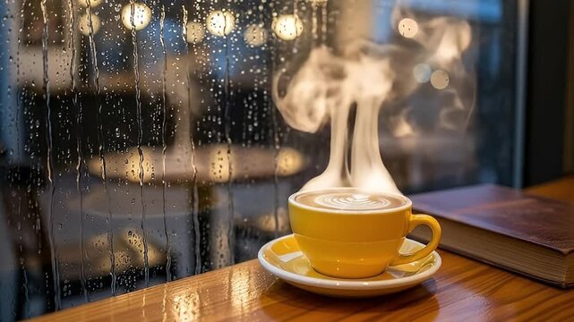 A vibrant yellow mug filled with steaming hot coffee, featuring delicate latte art, sits invitingly on a polished wooden counter. Rain streaks down the windowpane in the background, creating a soothin