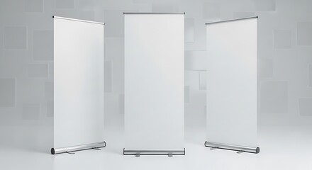 Three blank roll-up banners stand ready for custom designs.