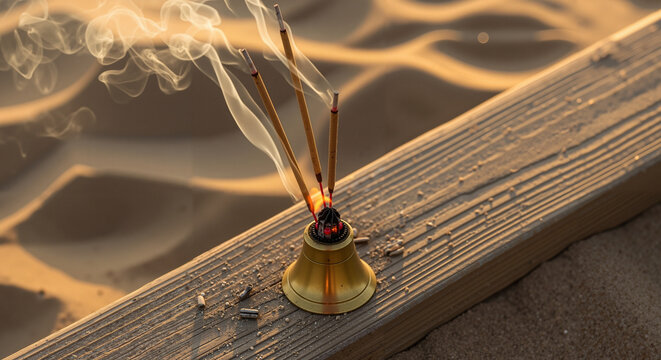 Incense sticks in holder with smoke on wooden surface in sand   - Powered by Adobe