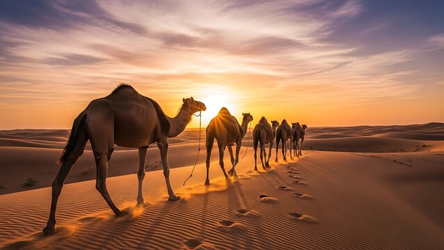 Camels traversing the desert at sunset, a serene desert caravan.