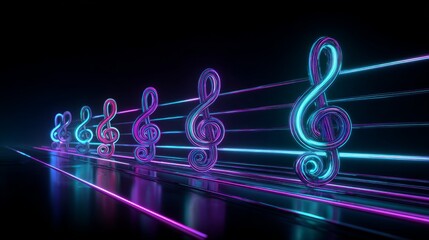 Neon treble clef music notes on futuristic glowing lines. AI generative