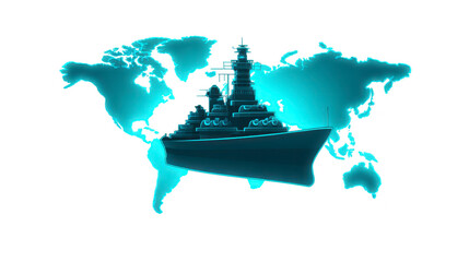 Obraz premium Battleship silhouette with glowing blue world map background, symbolizing global naval power, military strategy, and maritime security, with futuristic and dramatic atmosphere