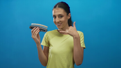 Young hispanic woman holding a tooth shade guide with left hand while making a call gesture with right hand in blue studio; friendly dental demo smile.