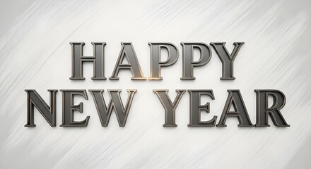 Elegant metallic 'Happy New Year' text with subtle lighting on a textured white background, symbolizing celebration and new beginnings.