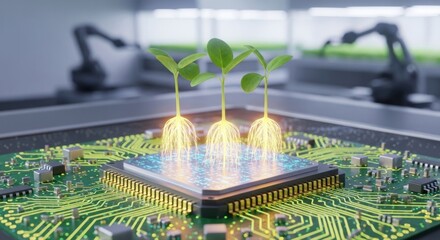 A futuristic circuit board with green and yellow components and three green shoots growing from it.