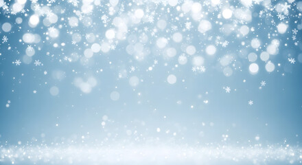 Fototapeta premium Blue Christmas background with falling snow and bokeh