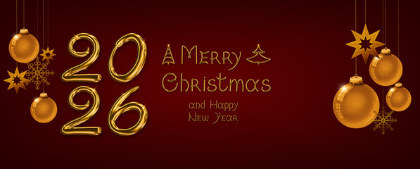 Merry Christmas and Happy New Year 2026 Banner on red background.