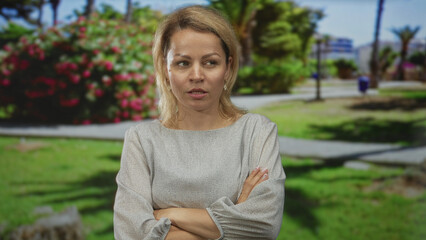Fototapeta premium Woman crossing arms and turning face beside pink bougainvillea and sunlit lawn with palm trunk shadows on street; denial.