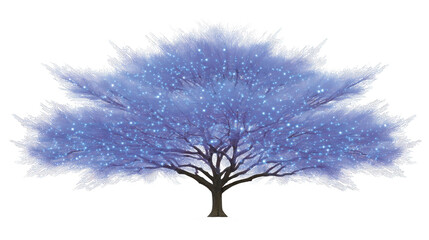 Blue tree glowing branches magical light fantasy nature sparkling leaves enchanting digital art isolated dreamy surreal night scene
