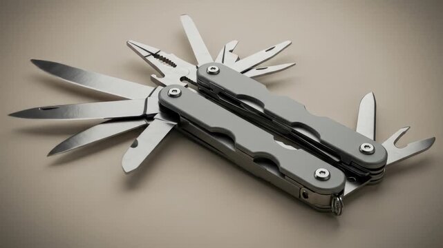 A grey multitool with various implements extended
